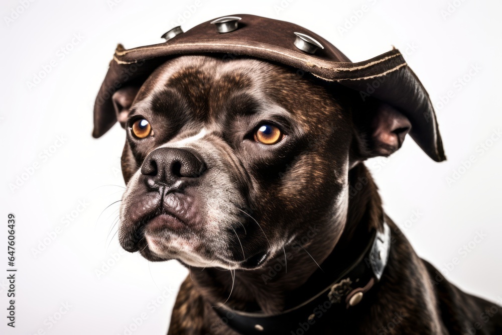 Medium shot portrait photography of a funny staffordshire bull terrier wearing a pirate hat against a white background. With generative AI technology Medium shot portrait photography of a funny staffordshire bull terrier wearing a pirate hat against a white background. With generative AI technology