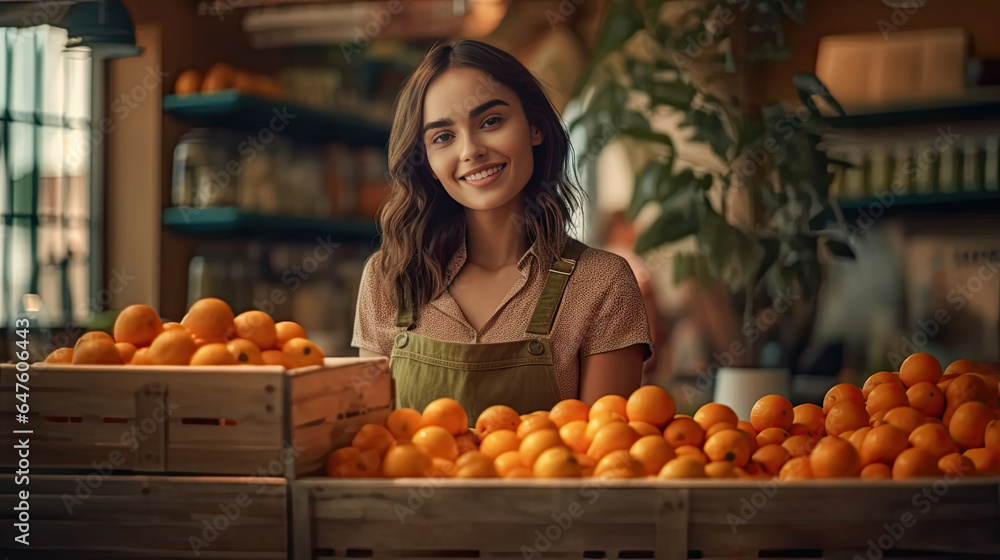 A young woman in apron sells juicy tangerines in fruit shop. Generative Ai