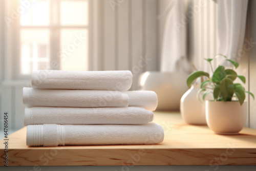 Closeup with beautiful white towels in a bathroom in a stylish modern house. Background of the gentle light of nature inserted through the window. Refresh concept of health and beauty.