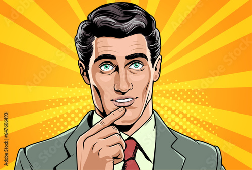 Surprised young businessman with wide open eyes holding hand next to face, vector illustration in retro pop art comic style