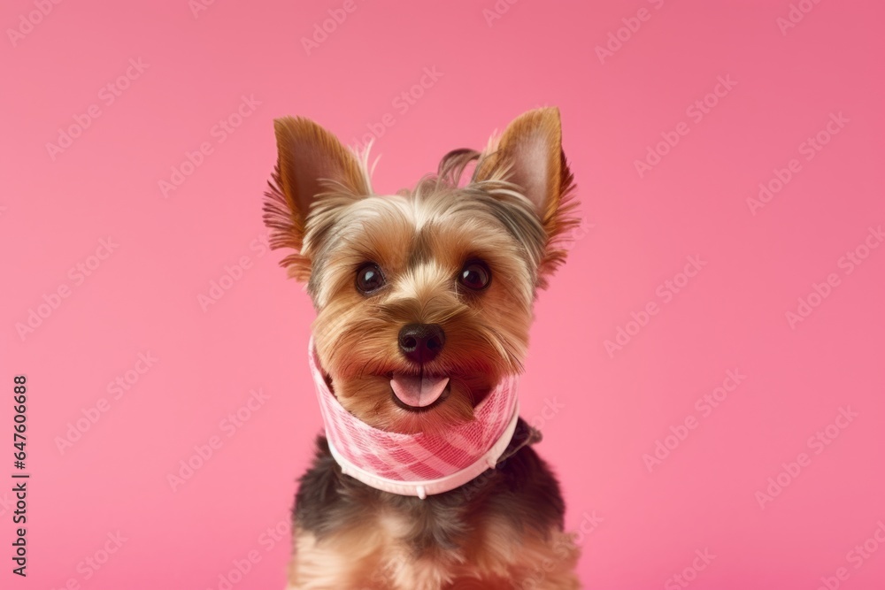 Photography in the style of pensive portraiture of a funny yorkshire terrier wearing a bandage against a pastel or soft colors background. With generative AI technology