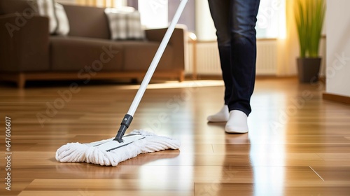 Unrecognizable person cleaning the floor of a house created with Generative AI.