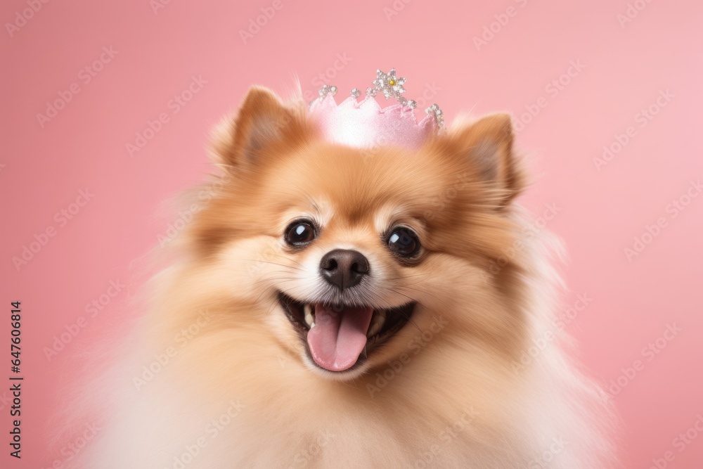 Headshot portrait photography of a smiling pomeranian wearing a princess crown against a pastel or soft colors background. With generative AI technology Headshot portrait photography of a smiling pomeranian wearing a princess crown against a pastel or soft colors background. With generative AI technology