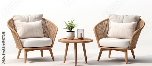 Contemporary and modern furniture set with rattan chair and table isolated on white background clipping path included