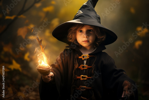 cute little boy In a witch costume of the Halloween festival.