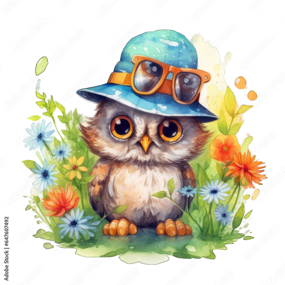 Watercolor owl illustration. Cute bird wearing hat. Owl with flowers