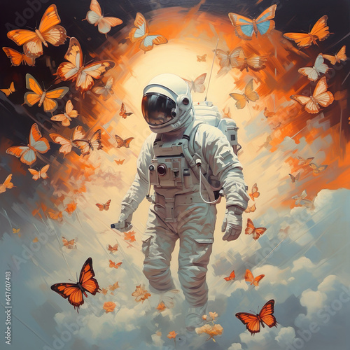 Astronaut Encountering butterfly in alien landscape. Illustration Poster