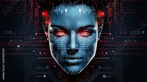 Anatomy human face with digital circuit technology. AI generated