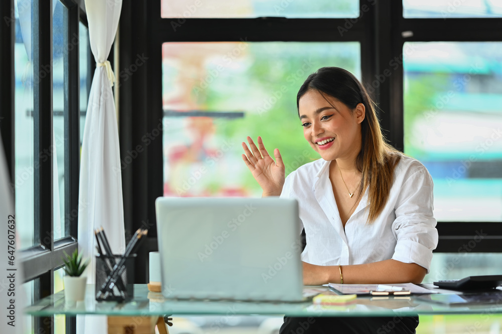 Professional financial consultant looking at laptop, giving internet consultation to customer Professional financial consultant looking at laptop, giving internet consultation to customer