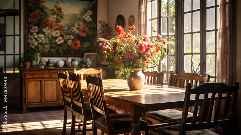 A dining room with a table chairs and a vase of flowers