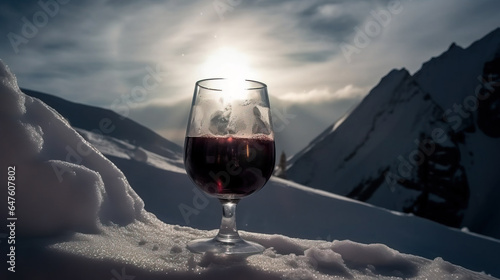 Glass of hot red wine close-up, background of snow-capped ski peaks of mountains. AI generated.