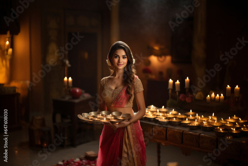 Indian woman holding diya or oil lamp plate in hand. diwali festival concept.