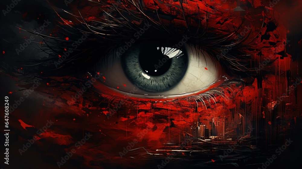surreal eye over dystopian cityscape surreal eye over dystopian cityscape