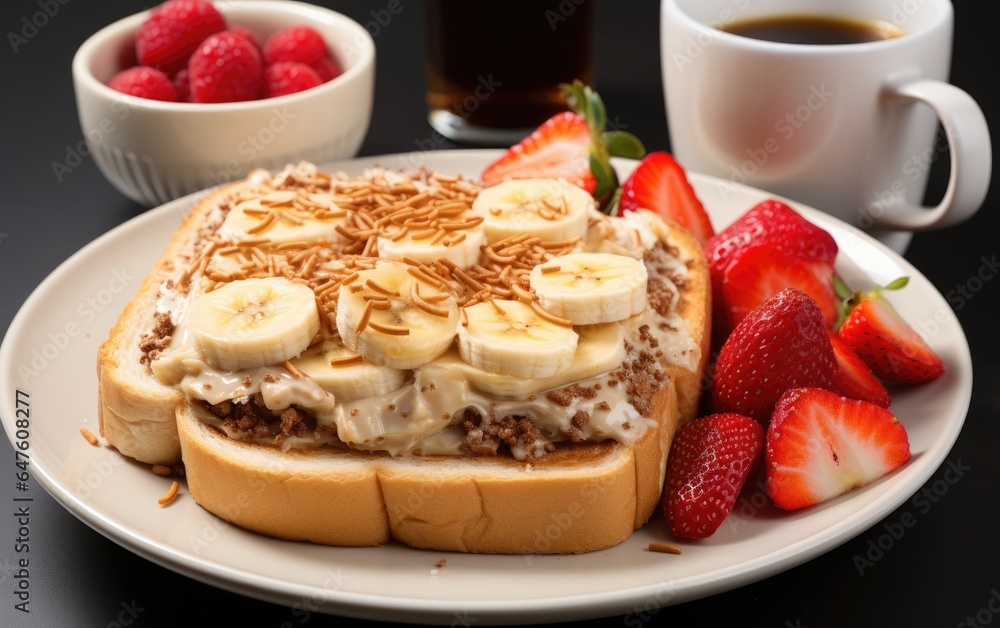 Banana toast with bread, cream and nuts, healthy diet with herbs and fruits on isolated white background, generative ai Banana toast with bread, cream and nuts, healthy diet with herbs and fruits on isolated white background, generative ai