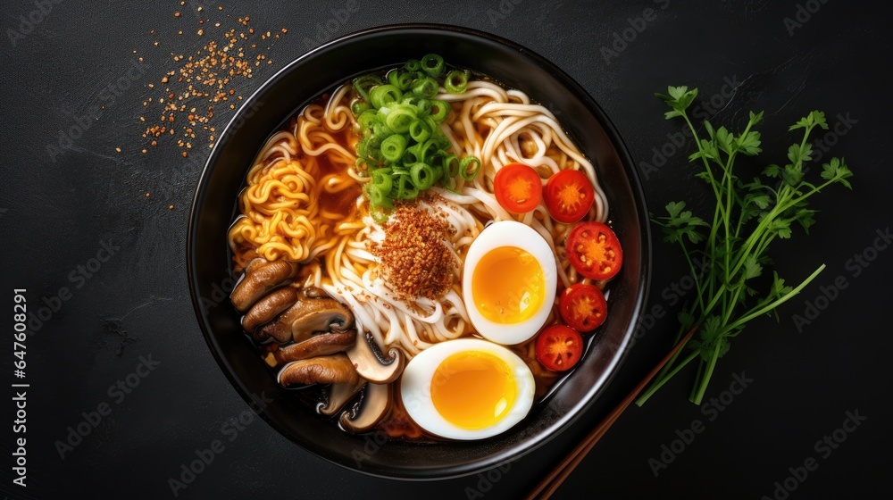 A bowl of ramen soup with noodles, mushrooms, marinated egg and vegetables on a black stone table, top view angle, generative ai A bowl of ramen soup with noodles, mushrooms, marinated egg and vegetables on a black stone table, top view angle, generative ai