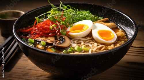 A bowl of ramen soup with chicken, noodles, mushrooms, marinated egg and vegetables on a dark table, generative ai