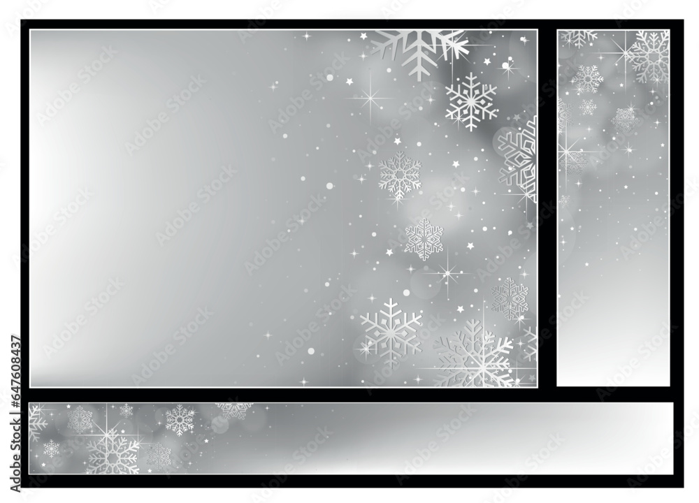 Fototapeta premium Abstract Christmas Backgrounds with Silver Snowflakes and Defocused Light Effects - Set with A4 format and Two Website Banners