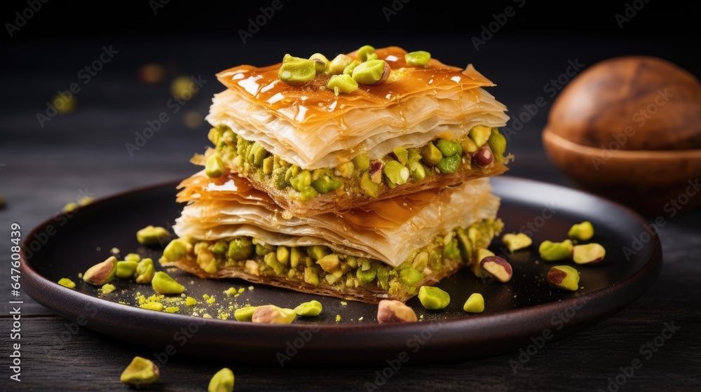 Turkish pakhlava with pistachios on a dark table, generative ai Turkish pakhlava with pistachios on a dark table, generative ai
