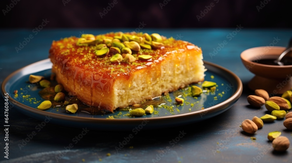 Sweet baked dessert with caramel sauce and pistachios, turkish and arabian food concept, generative ai