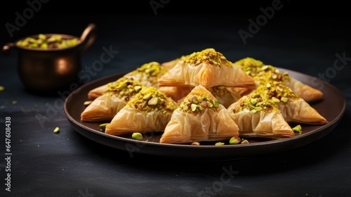 Turkish and arabian pakhlava with pistachios on a dark table, generative ai