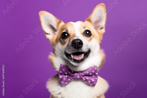 Environmental portrait photography of a funny norwegian lundehund wearing a cute bow tie against a vibrant purple background. With generative AI technology © Markus Schröder