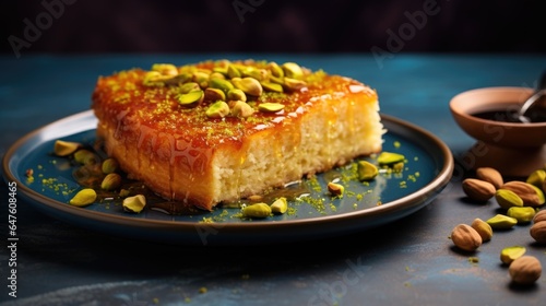 Sweet baked dessert with caramel sauce and pistachios, turkish and arabian food concept, generative ai