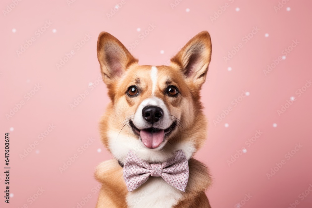 Group portrait photography of a funny norwegian lundehund wearing a cute bow tie against a pastel pink background. With generative AI technology - obrazy, fototapety, plakaty 