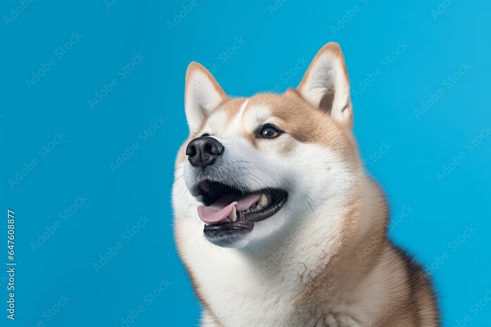 Close-up portrait photography of a smiling akita wearing a shark fin against a turquoise blue background. With generative AI technology