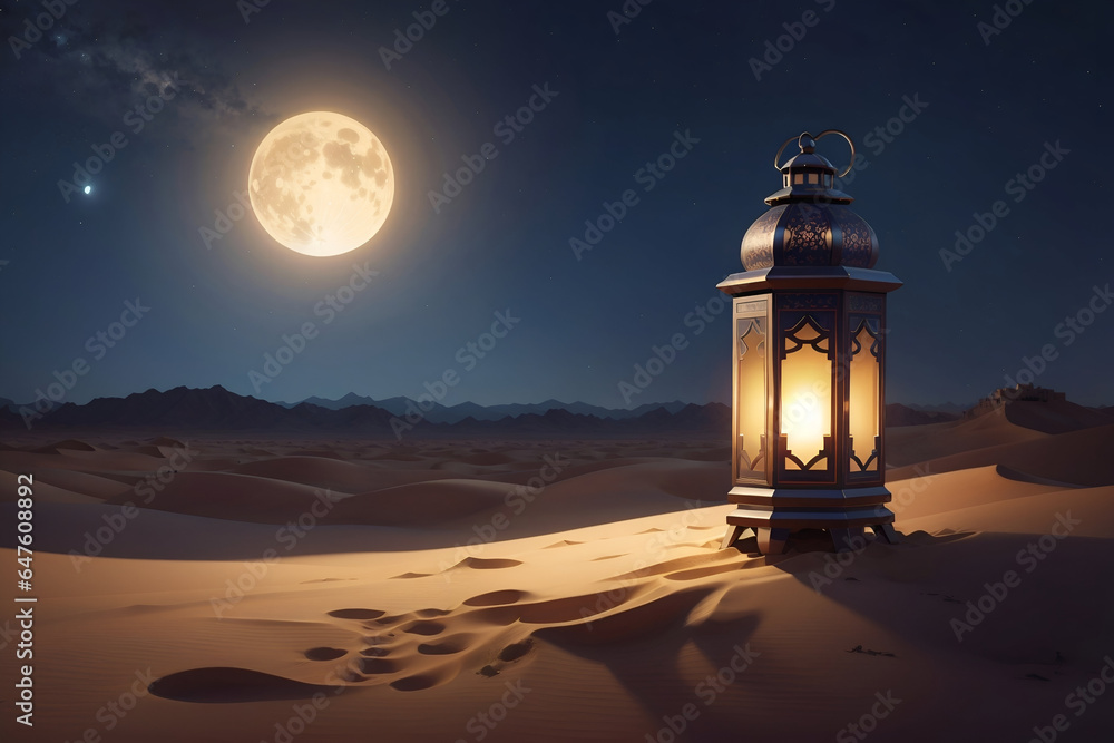 Lantern in the desert at night with moon shining in the sky