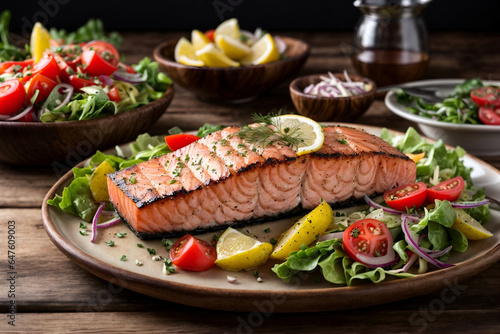 grilled salmon steak with lemon and tomato salad