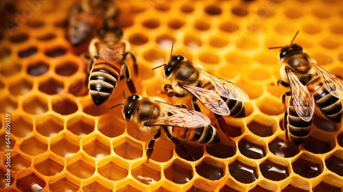 bees on the background of honeycombs