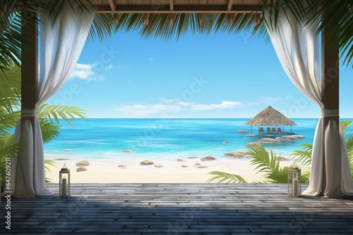 A 3D beach gazebo, palm fringed tropical coast, endless ocean horizon