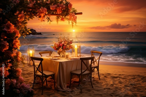Bathed in warm sunset hues, an elegant beach dining experience exudes love and relaxation