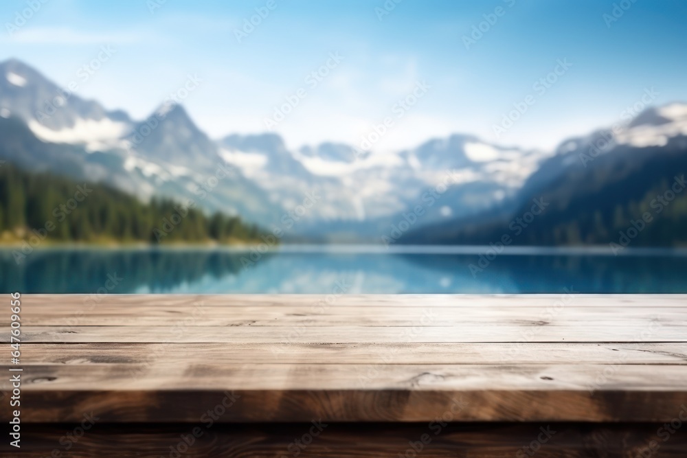 Wood table top on Blur Hill Mountain a sunrise nature background, landscape with desk plank can be used for display your products.