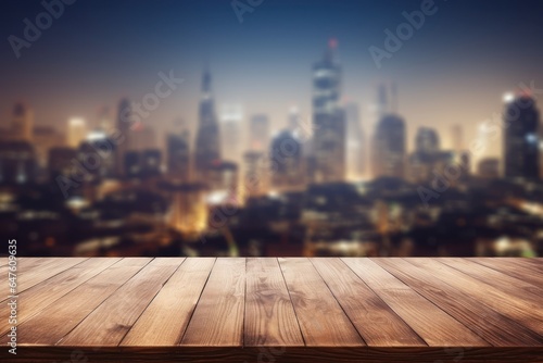 top wood desk with urban city night view blur background wooden table