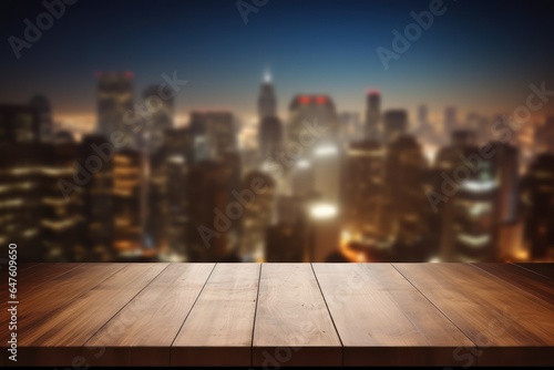 top wood desk with urban city night view blur background wooden table