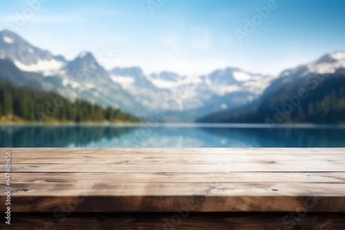 Wood table top on Blur Hill Mountain a sunrise nature background, landscape with desk plank can be used for display your products.