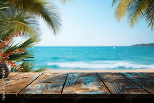 Coastal charm Wood table adorned with palm leaves, overlooking a seascape