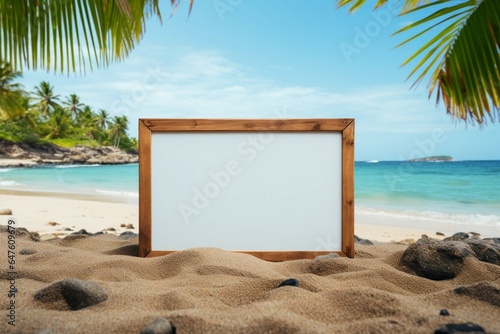 Coastal escape Blank board amidst palm trees, sandy beach, and tranquil ocean