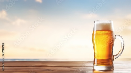 A cold glass of beer on wooden table on background of sea.