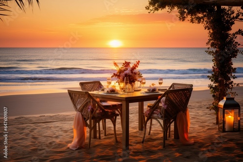 Elegant beachfront dining Warm sunset hues create a captivating atmosphere for love and relaxation