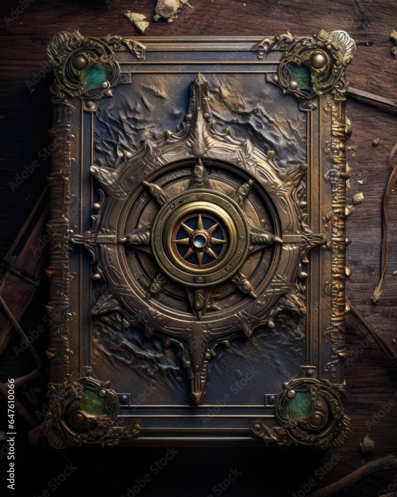 Nautical Tales: Ancient Book Cover Resting on a Wooden Table, Generative AI Nautical Tales: Ancient Book Cover Resting on a Wooden Table, Generative AI
