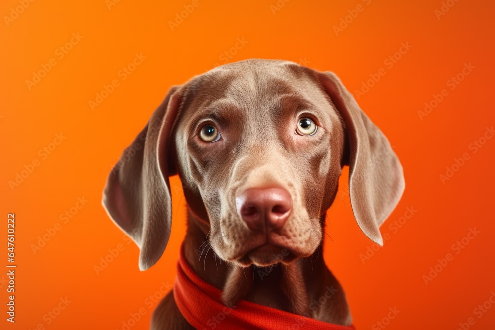 Close-up portrait photography of a cute weimaraner dog wearing a sports jersey against a bright orange background. With generative AI technology