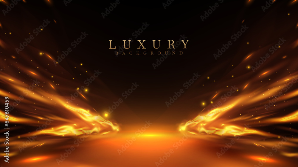 Obraz premium Dark stage scene with flame effects elements with glitter light decorations and bokeh. Luxury black background.