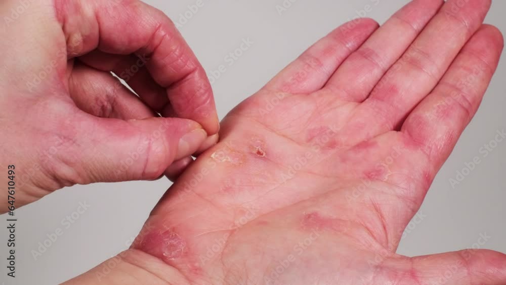 Woman scratching her cracked dry skin of palm. Red stains on female