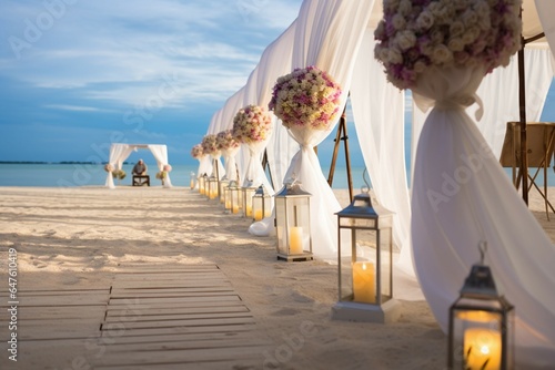 Romantic beachfront wedding ceremony white tent, flowers, candles, perfect for a honeymoon