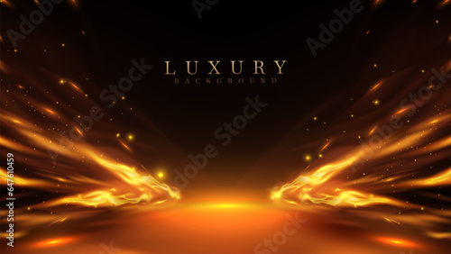 Dark stage scene with flame effects elements with glitter light decorations and bokeh. Luxury black background.