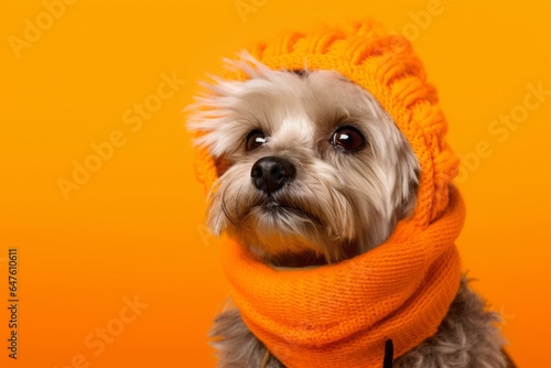 Group portrait photography of a bored lowchen dog wearing a snood against a bright orange background. With generative AI technology