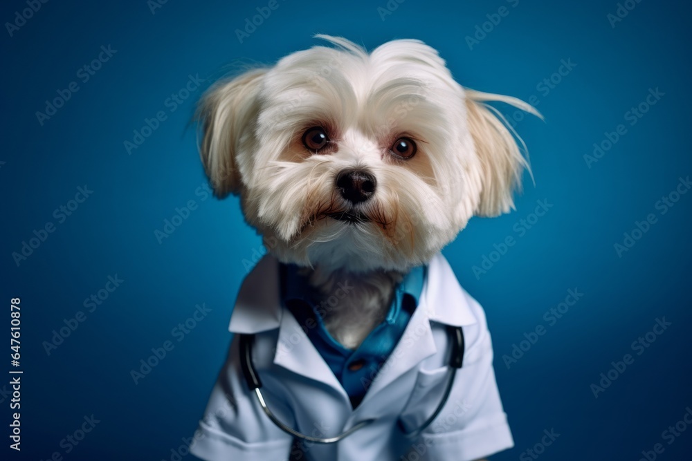 Lifestyle portrait photography of a funny maltese wearing a doctor costume against a deep indigo background. With generative AI technology Lifestyle portrait photography of a funny maltese wearing a doctor costume against a deep indigo background. With generative AI technology