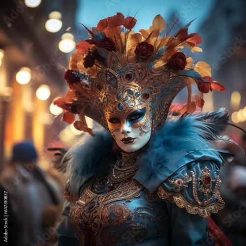 Photo of a woman wearing a colourful venetian mask adorned with jewels and flowers created with Generative AI technology © AI Visual Vault